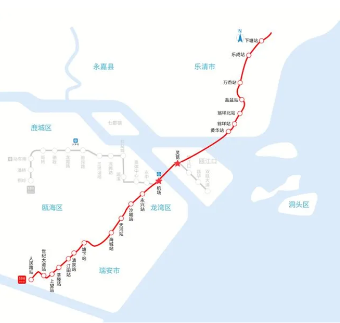 轨道交通s2线一期工程总体呈南北走向,起于温州乐清市城东街道下塘站